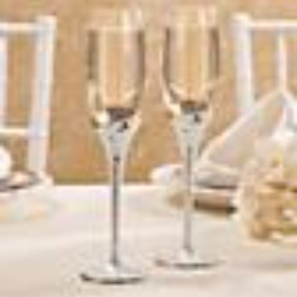 B35-NEW Pair (2) Silver Pearl Stem Toasting Glass Champagne Flutes - Picture 2 of 4